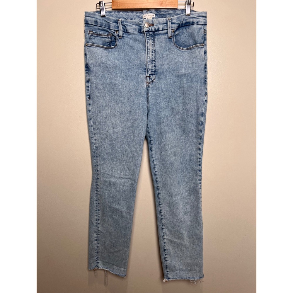 Good American Good Legs Jeans Womens 12/31 Cigarette Raw Hem Straight Blue Denim